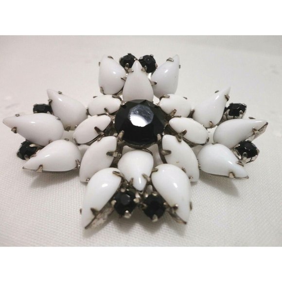 Vintage Milk Glass and Black Rhinestone Floral Design Brooch - Picture 1 of 4